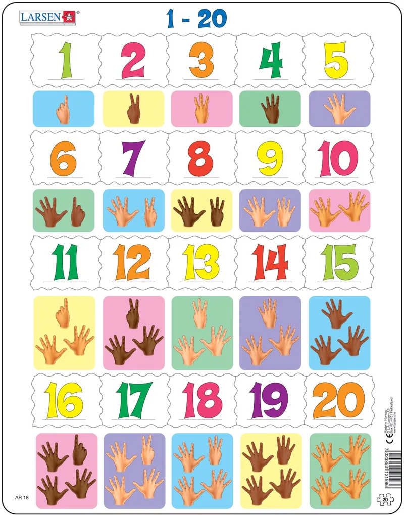 Getallen 1–20 – Puzzel – Leren rekenen – Getallen – Educatieve legpuzzel voor kinderen – 20 stukjes – Gemaakt in Noorwegen – Extra dikke 2,5 mm stukjes – Tray met vaste rand van Larsen, editie 20 Stukjes – Getallen 1–20 – doos