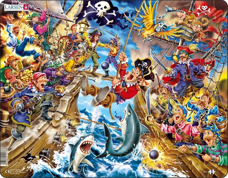 Het piratengevecht – Puzzel – Fantasie en verhaal – Piraten – Educatieve legpuzzel voor kinderen – 39 stukjes – Gemaakt in Noorwegen – Extra dikke 2,5 mm stukjes – Tray met vaste rand from Larsen, 39 Stukjes – Fantasie & Verhaal edition – box