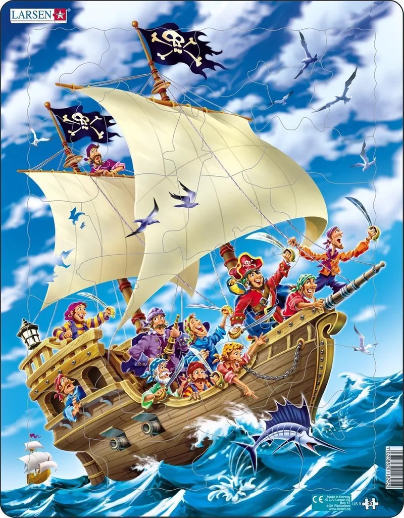 Het piratenschip – Puzzel – Fantasie en verhaal – Piraten – Educatieve legpuzzel voor kinderen – 30 stukjes – Gemaakt in Noorwegen – Extra dikke 2,5 mm stukjes – Tray met vaste rand van Larsen, editie 30 Stukjes – Fantasie & Verhaal – doos