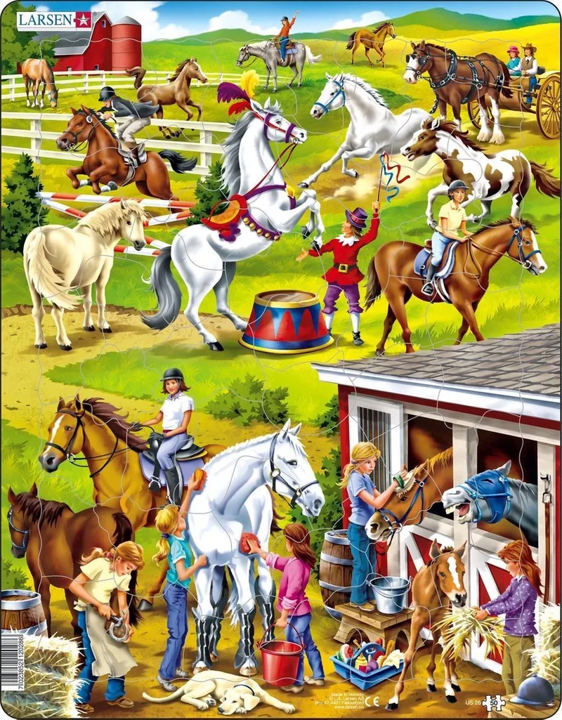 Het veelzijdige gebruik en de verzorging van paarden – Puzzel – Dieren – Paarden – Educatieve legpuzzel voor kinderen – 50 stukjes – Gemaakt in Noorwegen – Extra dikke 2,5 mm stukjes – Tray met vaste rand de Larsen, édition 50 Stukjes – Het veelzijdige gebruik en de verzorging van paarden – boîte