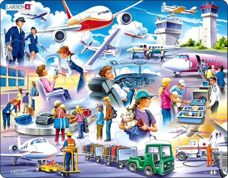 Het vliegveld – Puzzel – Voertuigen & Techniek – Luchtvaart – Educatieve legpuzzel voor kinderen – 42 stukjes – Gemaakt in Noorwegen – Extra dikke 2,5 mm stukjes – Tray met vaste rand from Larsen, 42 Stukjes – Het vliegveld edition – box