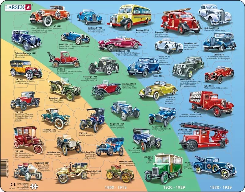 Historische auto's – Puzzel – Voertuigen & Techniek – Auto's – Educatieve legpuzzel voor kinderen – 42 stukjes – Gemaakt in Noorwegen – Extra dikke 2,5 mm stukjes – Tray met vaste rand from Larsen, 42 Stukjes – Historische auto's edition – box