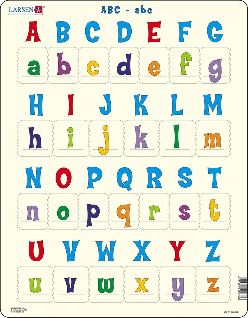 Hoofdletters en kleine letters – Puzzel – Leren lezen – Letters – Educatieve legpuzzel voor kinderen – 26 stukjes – Gemaakt in Noorwegen – Extra dikke 2,5 mm stukjes – Tray met vaste rand from Larsen, 26 Stukjes – Hoofdletters en kleine letters edition – box