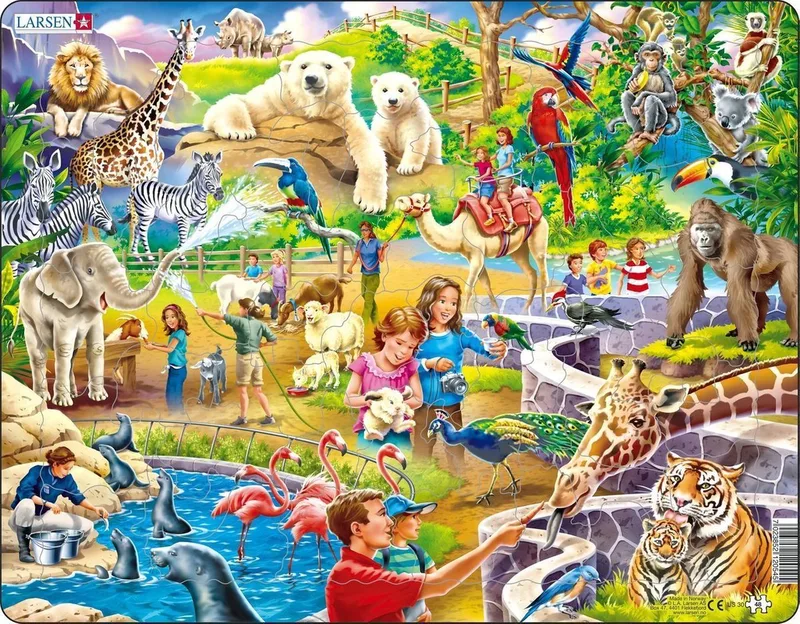 In de dierentuin – Puzzel – Dieren – Dierentuin – Educatieve legpuzzel voor kinderen – 48 stukjes – Gemaakt in Noorwegen – Extra dikke 2,5 mm stukjes – Tray met vaste rand from Larsen, 48 Stukjes – In de dierentuin edition – box