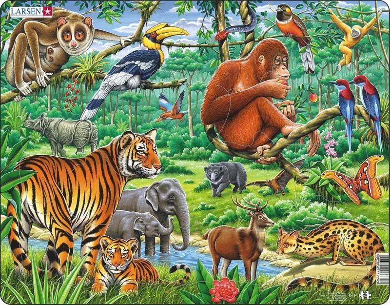 In de jungle – Puzzel – Dieren – Jungle – Educatieve legpuzzel voor kinderen – 20 stukjes – Gemaakt in Noorwegen – Extra dikke 2,5 mm stukjes – Tray met vaste rand from Larsen, 20 Stukjes – In de jungle edition – box