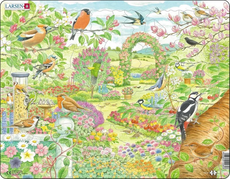 Kleurrijke bloemen en vogels in een mooie tuin – Puzzel – Dieren – Tuinvogels en bloemen – Educatieve legpuzzel voor kinderen – 60 stukjes – Gemaakt in Noorwegen – Extra dikke 2,5 mm stukjes – Tray met vaste rand from Larsen, 60 Stukjes – Kleurrijke bloemen en vogels in een mooie tuin edition – box