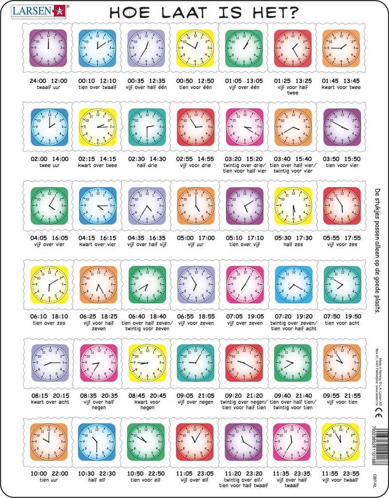Klok kijken, hoe laat is het – Puzzel – Leren lezen – Klokkijken – Educatieve legpuzzel voor kinderen – 42 stukjes – Gemaakt in Noorwegen – Extra dikke 2,5 mm stukjes – Tray met vaste rand fra Larsen, 42 Stukjes – Klok kijken-udgave – æske