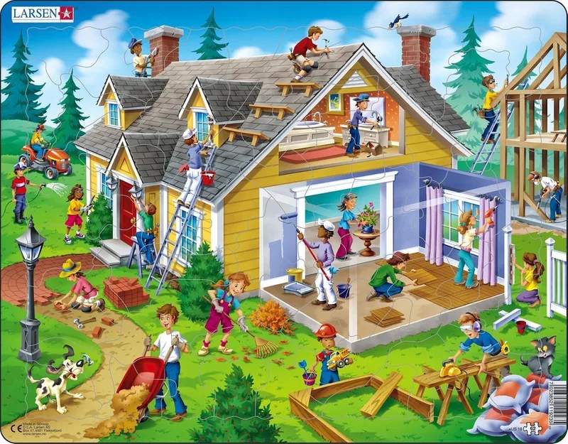 Klussen aan huis en tuin – Puzzel – Educatief – Beroepen en wonen – Educatieve legpuzzel voor kinderen – 62 stukjes – Gemaakt in Noorwegen – Extra dikke 2,5 mm stukjes – Tray met vaste rand de Larsen, édition 62 Stukjes – Klussen aan huis en tuin – boîte
