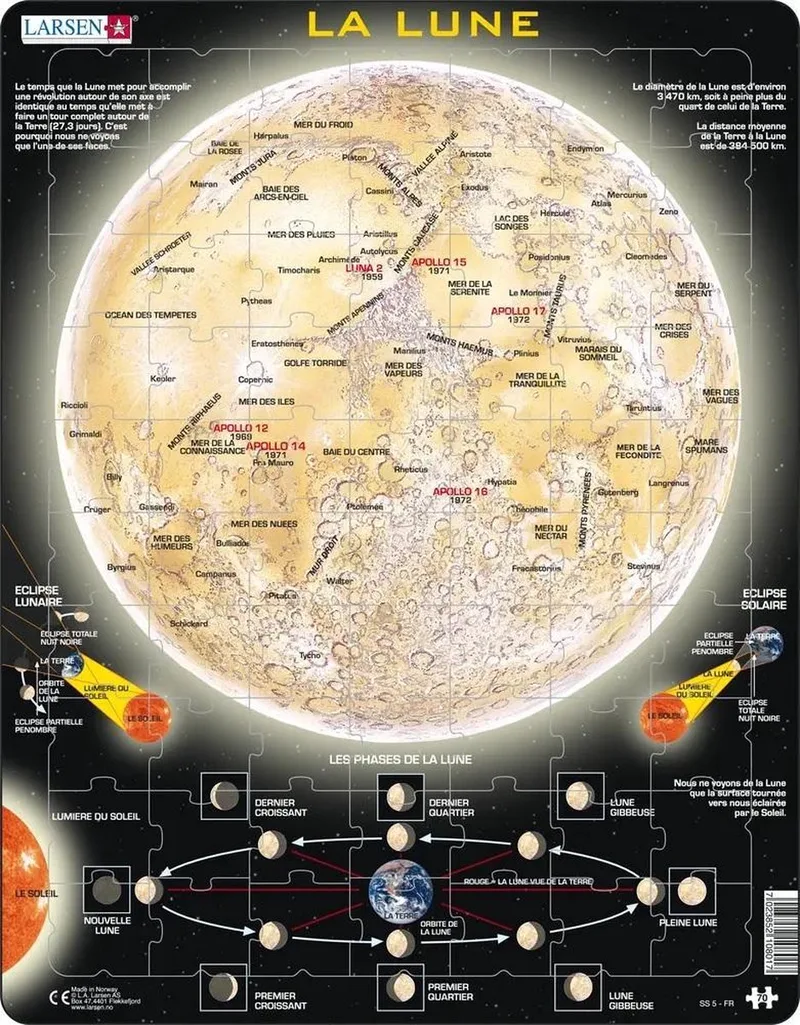 La Lune – Puzzle – Espace – Lune et Astronomie – Puzzle éducatif pour enfants – 70 pièces – Fabriqué en Norvège – Pièces extra épaisses de 2,5 mm – Plateau avec bord fixe de Larsen, édition 70 Pièces – La Luna – boîte