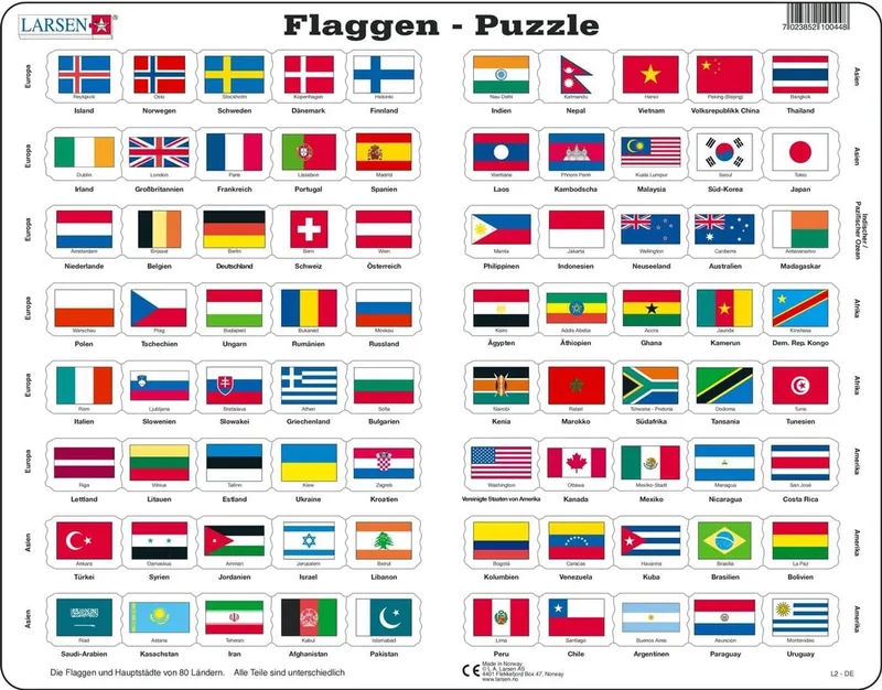 Merkloos Vlaggen Legpuzzel 80 Stukjes met Frame - Leerzaam de Larsen, édition Multicolore – boîte