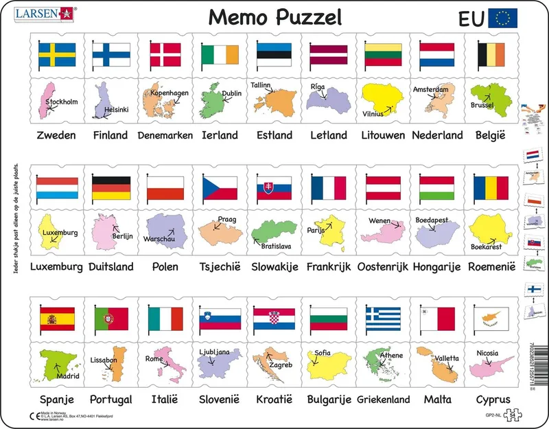 Namen, vlaggen en hoofdsteden van 27 EU lidstaten – Puzzel – Kaarten & Geografie – Europese Unie – Educatieve legpuzzel voor kinderen – 54 stukjes – Gemaakt in Noorwegen – Extra dikke 2,5 mm stukjes – Tray met vaste rand from Larsen, 54 Stukjes – EU vlaggen en hoofdsteden edition – box