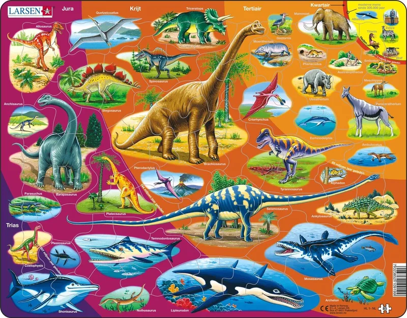 Natuurhistorie: van het Trias tot nu – Puzzel – Dieren – Educatief – Educatieve legpuzzel voor kinderen – 85 stukjes – Gemaakt in Noorwegen – Extra dikke 2,5 mm stukjes – Tray met vaste rand de Larsen, édition 85 Stukjes – Natuurhistorie: van het Trias tot nu – boîte