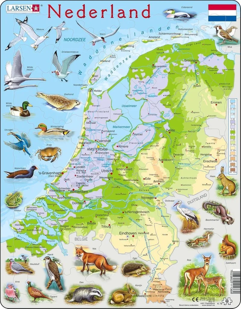 Nederland geografisch met dieren – Puzzel – Kaarten & Geografie – Nederland – Educatieve legpuzzel voor kinderen – 68 stukjes – Gemaakt in Noorwegen – Extra dikke 2,5 mm stukjes – Tray met vaste rand van Larsen, editie 68 Stukjes – Nederland met dieren – doos