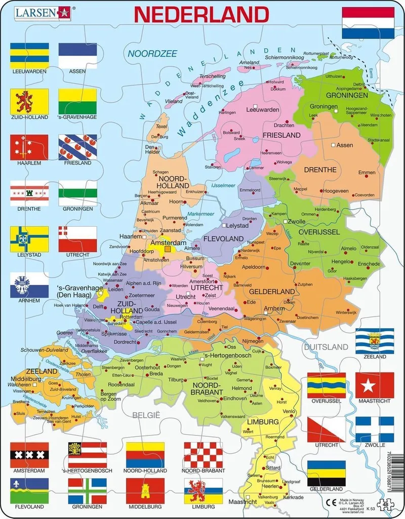 Nederland met provincies en vlaggen – Puzzel – Kaarten & Geografie – Nederland – Educatieve legpuzzel voor kinderen – 48 stukjes – Gemaakt in Noorwegen – Extra dikke 2,5 mm stukjes – Tray met vaste rand van Larsen, editie 48 Stukjes – Provincies en vlaggen van Nederland – doos