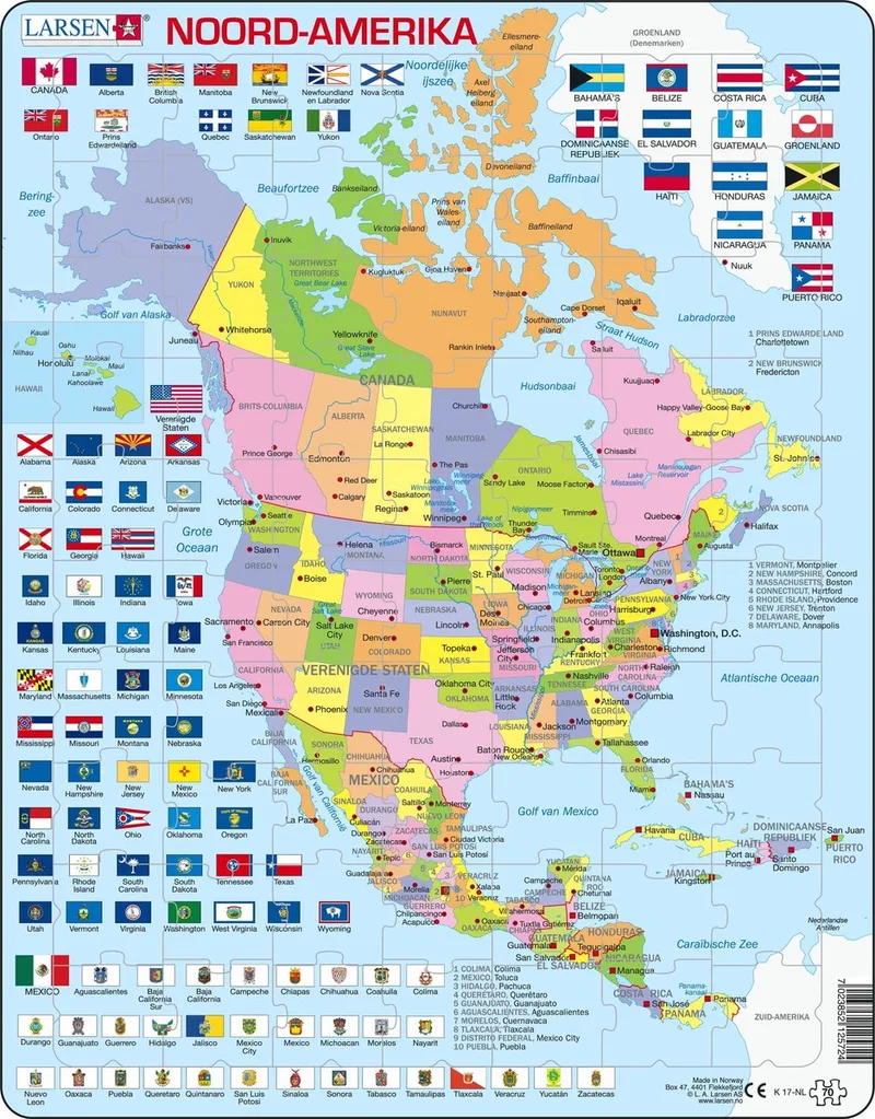 Noord-Amerika met staten en vlaggen – Puzzel – Kaarten & Geografie – Noord-Amerika – Educatieve legpuzzel voor kinderen – 70 stukjes – Gemaakt in Noorwegen – Extra dikke 2,5 mm stukjes – Tray met vaste rand von Larsen, Ausgabe 70 Stukjes – Noord-Amerika met vlaggen – Schachtel