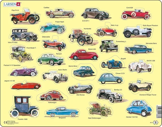 Oldtimer auto's – Puzzel – Voertuigen & Techniek – Oldtimers – Educatieve legpuzzel voor kinderen – 30 stukjes – Gemaakt in Noorwegen – Extra dikke 2,5 mm stukjes – Tray met vaste rand