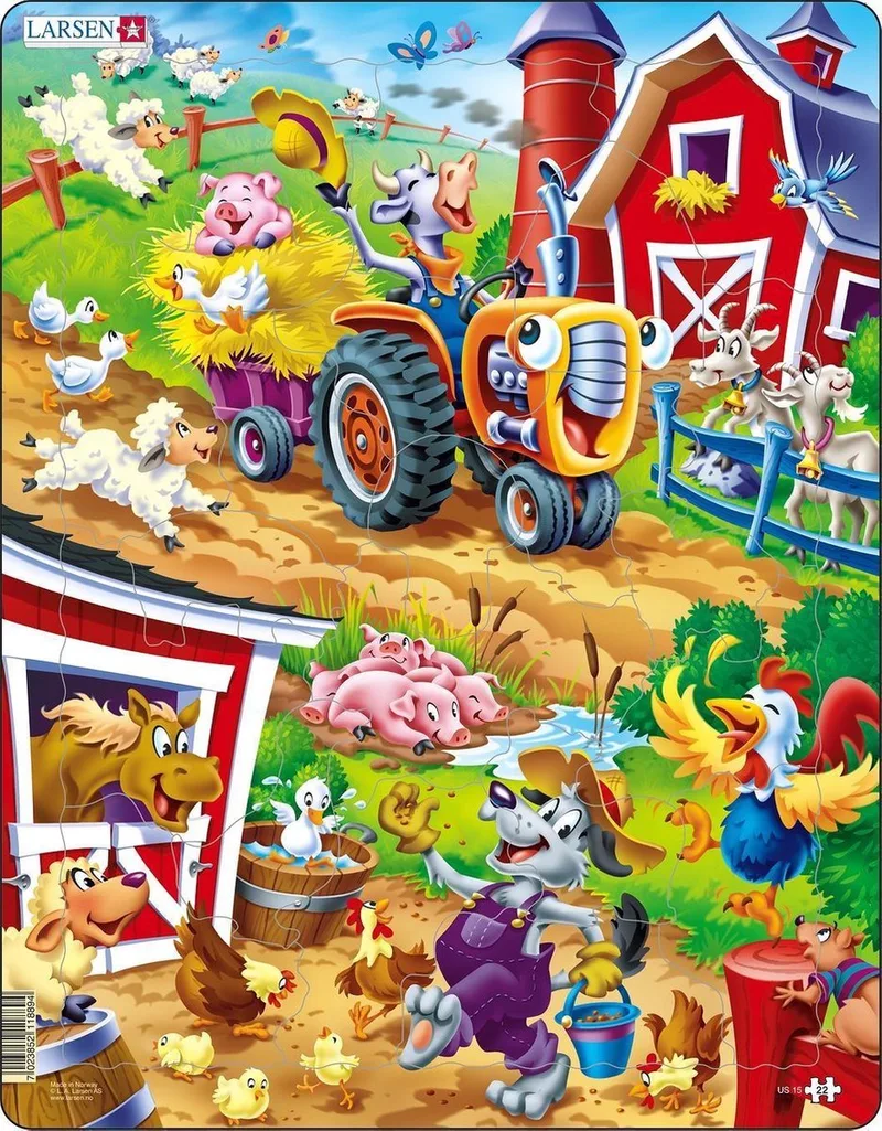 Op de boerderij – Puzzel – Dieren – Boerderij – Educatieve legpuzzel voor kinderen – 22 stukjes – Gemaakt in Noorwegen – Extra dikke 2,5 mm stukjes – Tray met vaste rand van Larsen, editie 22 Stukjes – Op de boerderij – doos