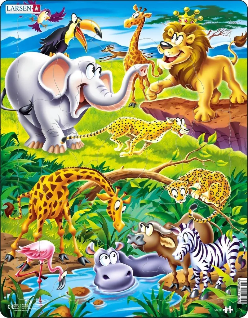 Op safari – Puzzel – Dieren – Safari – Educatieve legpuzzel voor kinderen – 18 stukjes – Gemaakt in Noorwegen – Extra dikke 2,5 mm stukjes – Tray met vaste rand de Larsen, édition 18 Stukjes – Op safari – boîte