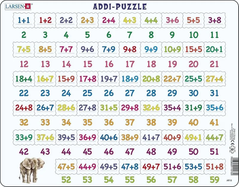 Optellen – Puzzel – Leren rekenen – Optellen – Educatieve legpuzzel voor kinderen – 58 stukjes – Gemaakt in Noorwegen – Extra dikke 2,5 mm stukjes – Tray met vaste rand von Larsen, Ausgabe 58 Stukjes – Optellen – Schachtel