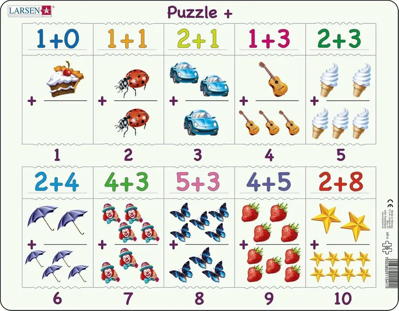 Optellen tot 10 met afbeeldingen – Puzzel – Leren rekenen – Optellen – Educatieve legpuzzel voor kinderen – 20 stukjes – Gemaakt in Noorwegen – Extra dikke 2,5 mm stukjes – Tray met vaste rand from Larsen, 20 Stukjes – Optellen tot 10 edition – box