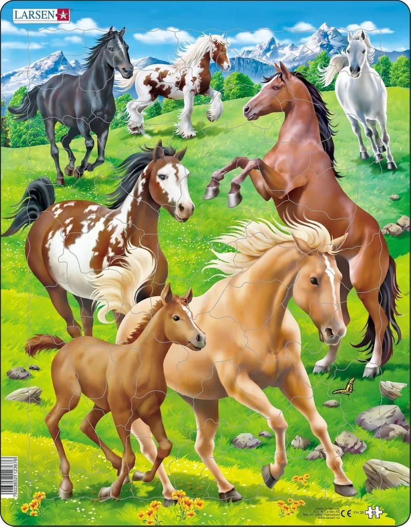 Paarden in een bergweide – Puzzel – Dieren – Paarden – Educatieve legpuzzel voor kinderen – 65 stukjes – Gemaakt in Noorwegen – Extra dikke 2,5 mm stukjes – Tray met vaste rand van Larsen, editie 65 Stukjes – Paarden in een bergweide – doos
