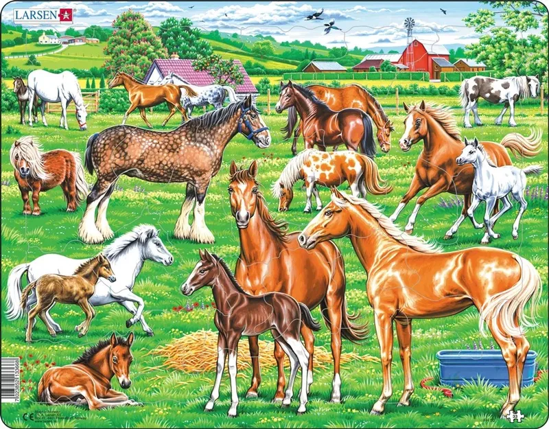 Paardenrassen – Puzzel – Paarden – Dieren – Educatieve legpuzzel voor kinderen – 66 stukjes – Gemaakt in Noorwegen – Extra dikke 2,5 mm stukjes – Tray met vaste rand fra Larsen, 66 Stukjes – Paardenrassen-udgave – æske