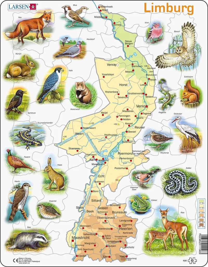 Puzzel – Kaarten & Geografie – Nederland – Educatieve legpuzzel voor kinderen – 60 stukjes – Gemaakt in Noorwegen – Extra dikke 2,5 mm stukjes – Tray met vaste rand von Larsen, Ausgabe Limburg met dieren – Schachtel
