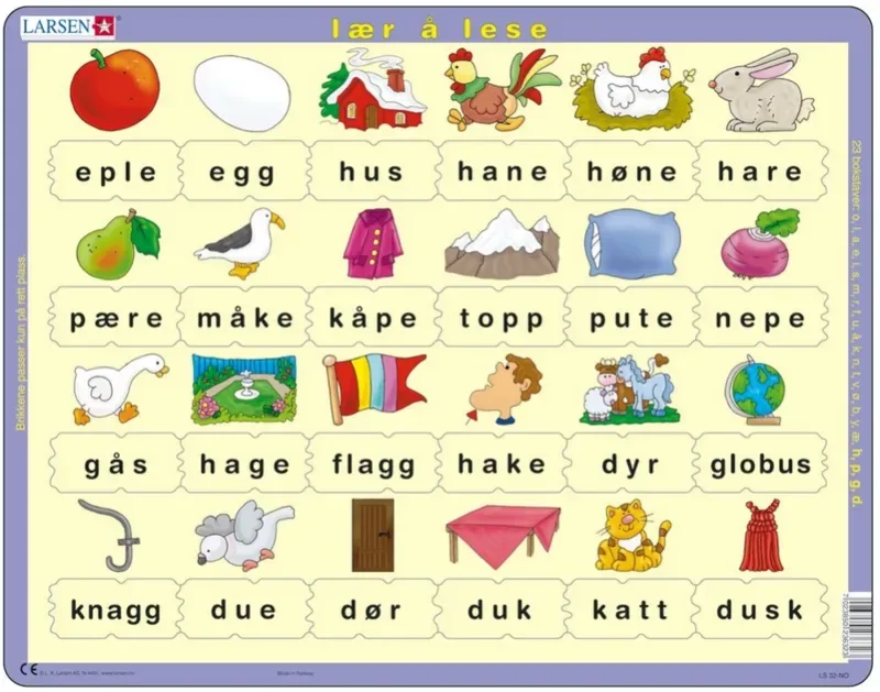 Puzzle Puzzle Cadre - Lær å lese (små bokstaver) (en Norvégien) - 10 à 25 pièces van Larsen – doos