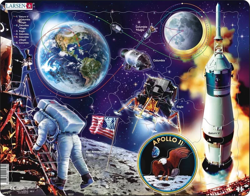 Reis naar de maan met Apollo 11 – Puzzel – Ruimte & Wetenschap – Ruimtevaart – Educatieve legpuzzel voor kinderen – 50 stukjes – Gemaakt in Noorwegen – Extra dikke 2,5 mm stukjes – Tray met vaste rand from Larsen, 50 Stukjes – Apollo 11 maanreis edition – box