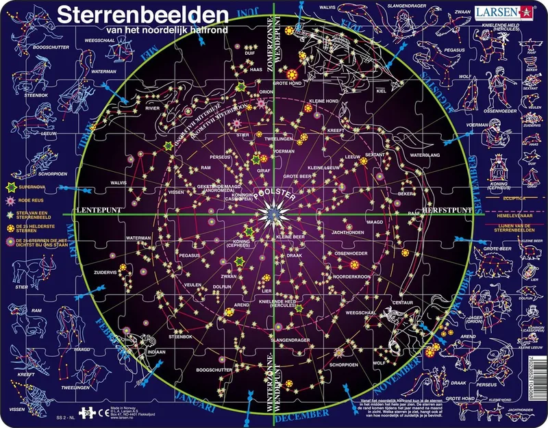 Sterrenbeelden – Puzzel – Ruimte & Wetenschap – Sterrenkunde – Educatieve legpuzzel voor kinderen – 70 stukjes – Gemaakt in Noorwegen – Extra dikke 2,5 mm stukjes – Tray met vaste rand from Larsen, 70 Stukjes – Sterrenbeelden edition – box
