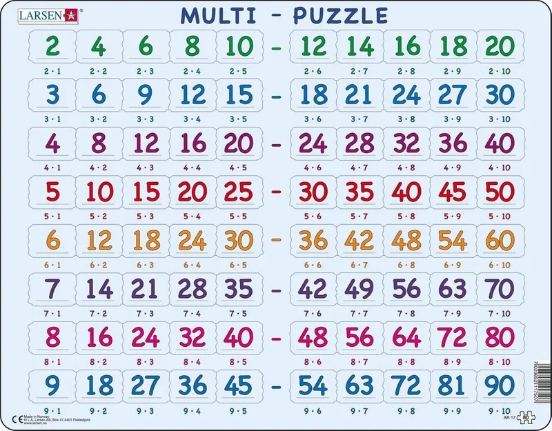 Tafels – Puzzel – Leren rekenen – Tafels – Educatieve legpuzzel voor kinderen – 80 stukjes – Gemaakt in Noorwegen – Extra dikke 2,5 mm stukjes – Tray met vaste rand fra Larsen, 80 Stukjes – Tafels-udgave – æske