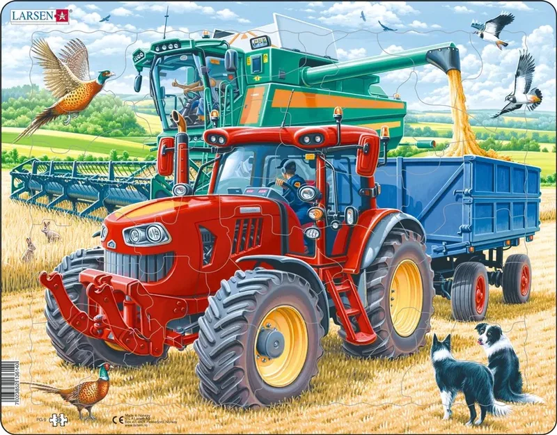 Tractor en Maaidorser – Puzzel – Boerderij – Landbouwmachines – Educatieve legpuzzel voor kinderen – 39 stukjes – Gemaakt in Noorwegen – Extra dikke 2,5 mm stukjes – Tray met vaste rand van Larsen, editie 39 Stukjes – Tractor en Maaidorser – doos