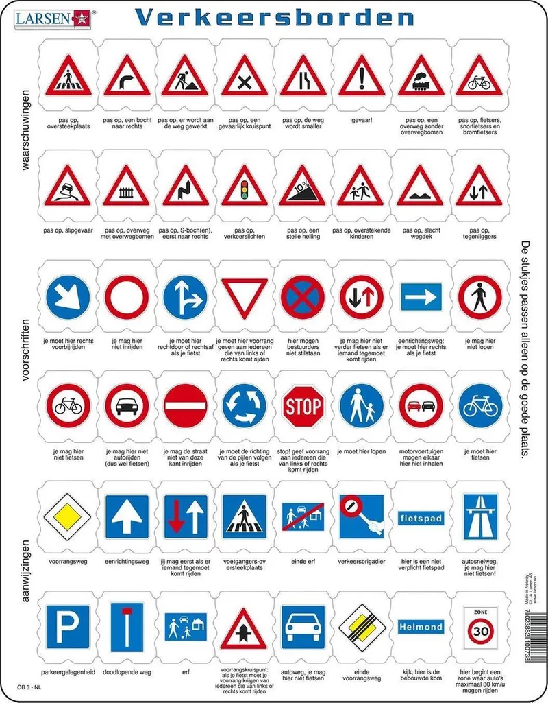 Verkeersborden – Puzzel – Voertuigen & Techniek – Verkeer – Educatieve legpuzzel voor kinderen – 48 stukjes – Gemaakt in Noorwegen – Extra dikke 2,5 mm stukjes – Tray met vaste rand fra Larsen, 48 Stukjes – Verkeersborden-udgave – æske
