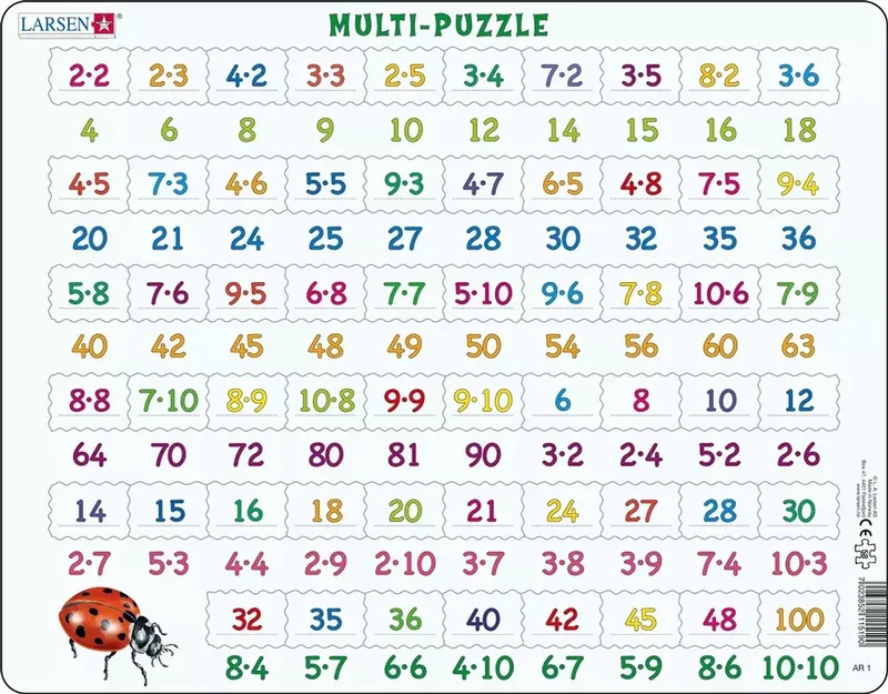 Vermenigvuldigen – Puzzel – Leren rekenen – Vermenigvuldigen – Educatieve legpuzzel voor kinderen – 58 stukjes – Gemaakt in Noorwegen – Extra dikke 2,5 mm stukjes – Tray met vaste rand fra Larsen, 58 Stukjes – Vermenigvuldigen-udgave – æske