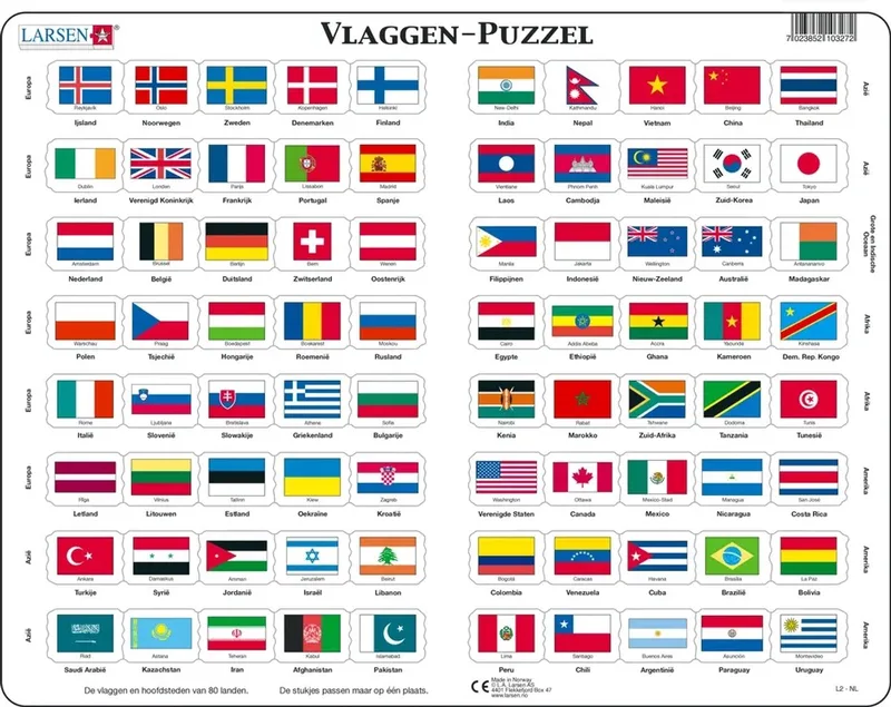 Vlaggen van de wereld – Puzzel – Kaarten & Geografie – Vlaggen – Educatieve legpuzzel voor kinderen – 80 stukjes – Gemaakt in Noorwegen – Extra dikke 2,5 mm stukjes – Tray met vaste rand fra Larsen, 80 Stukjes – Vlaggen van de wereld-udgave – æske