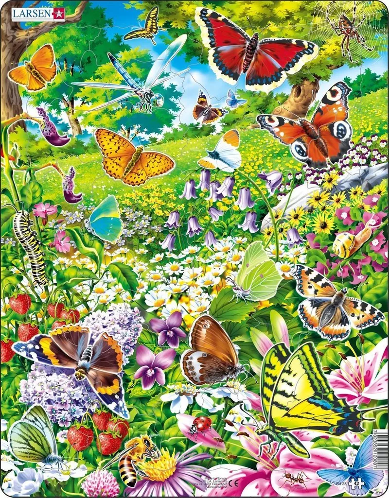 Vlinders – Puzzel – Dieren – Vlinders – Educatieve legpuzzel voor kinderen – 42 stukjes – Gemaakt in Noorwegen – Extra dikke 2,5 mm stukjes – Tray met vaste rand from Larsen, 42 Stukjes – Vlinders edition – box
