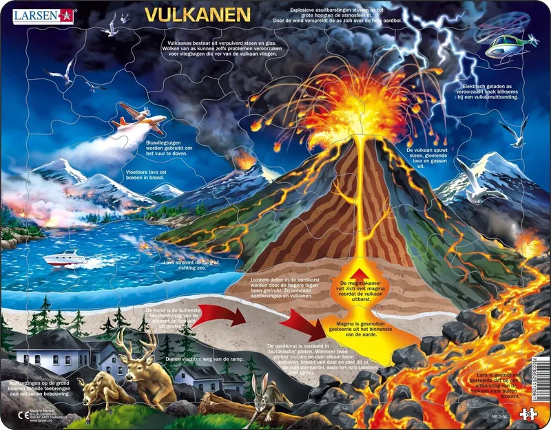 Volcans – Puzzle – Sciences – Volcans et Géologie – Puzzle éducatif pour enfants – 70 pièces – Fabriqué en Norvège – Pièces extra épaisses de 2,5 mm – Plateau avec bord fixe von Larsen, Ausgabe 70 Pièces – Volcans – Schachtel