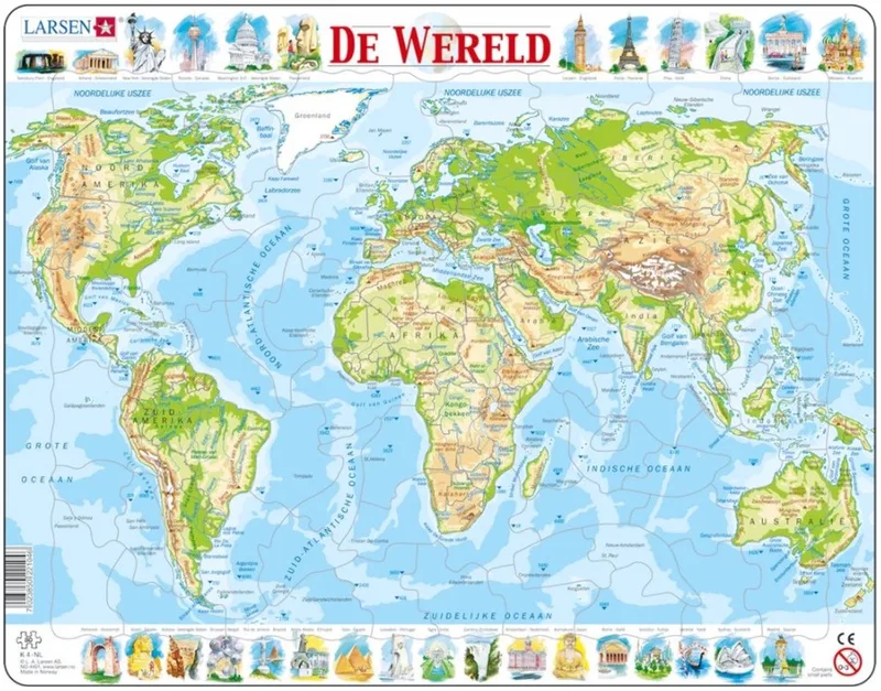 Wereld geografisch – Puzzel – Kaarten & Geografie – Wereldkaart – Educatieve legpuzzel voor kinderen – 80 stukjes – Gemaakt in Noorwegen – Extra dikke 2,5 mm stukjes – Tray met vaste rand fra Larsen, 80 Stukjes – Wereld geografisch-udgave – æske