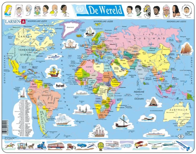 Wereld – Puzzel – Kaarten & Geografie – Wereldkaart – Educatieve legpuzzel voor kinderen – 107 stukjes – Gemaakt in Noorwegen – Extra dikke 2,5 mm stukjes – Tray met vaste rand fra Larsen, 107 Stukjes – Wereld-udgave – æske
