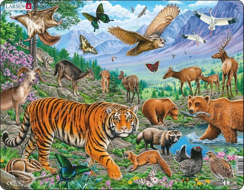 Wilde dieren in de Siberische zomer – Puzzel – Dieren – Wilde dieren – Educatieve legpuzzel voor kinderen – 36 stukjes – Gemaakt in Noorwegen – Extra dikke 2,5 mm stukjes – Tray met vaste rand van Larsen, editie 36 Stukjes – Wilde dieren in de Siberische zomer – doos