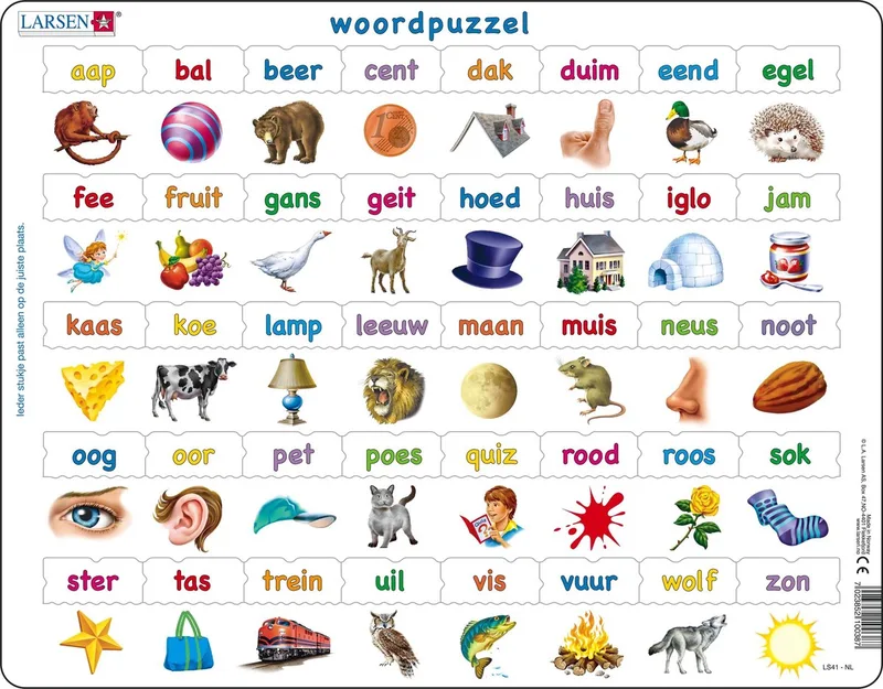 Woordpuzzel – Puzzel – Leren lezen – Woorden – Educatieve legpuzzel voor kinderen – 40 stukjes – Gemaakt in Noorwegen – Extra dikke 2,5 mm stukjes – Tray met vaste rand from Larsen, 40 Stukjes – Woordpuzzel edition – box