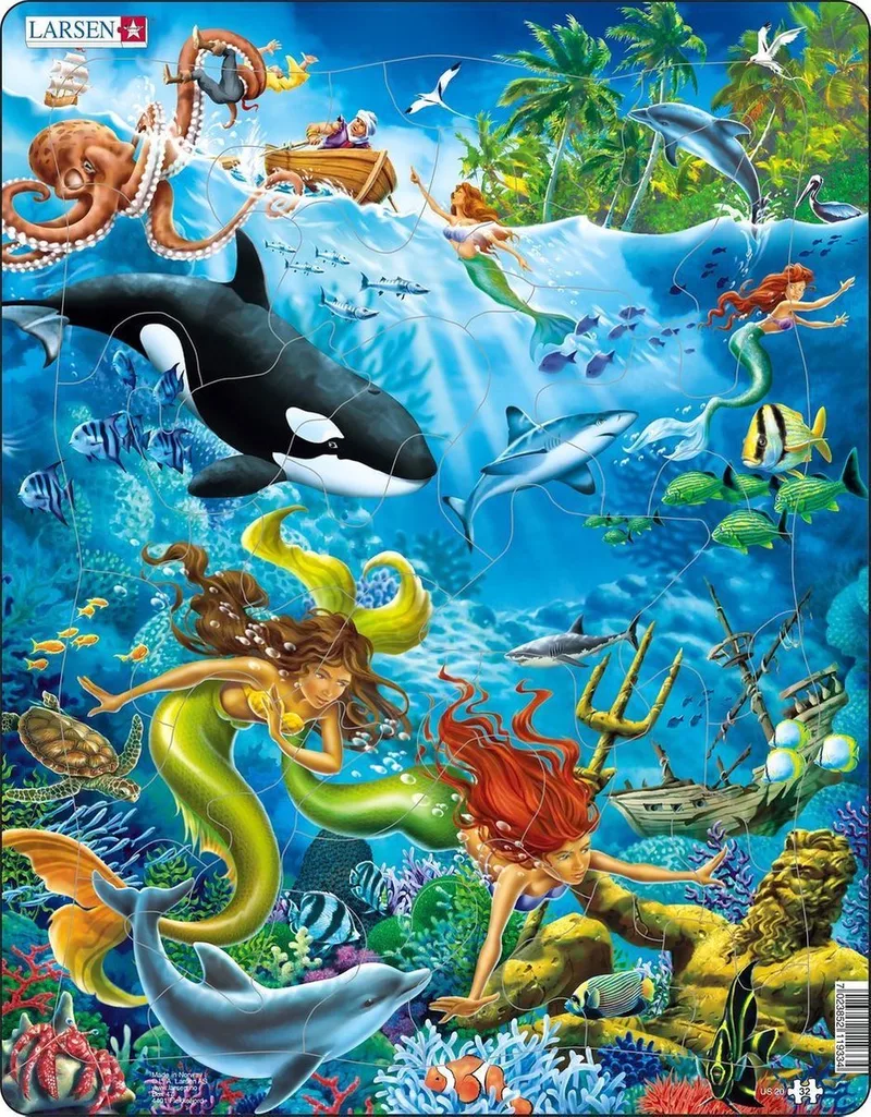 Zeemeerminnen – Puzzel – Fantasie en verhaal – Zeemeerminnen – Educatieve legpuzzel voor kinderen – 32 stukjes – Gemaakt in Noorwegen – Extra dikke 2,5 mm stukjes – Tray met vaste rand von Larsen, Ausgabe 32 Stukjes – Fantasie & Verhaal – Schachtel