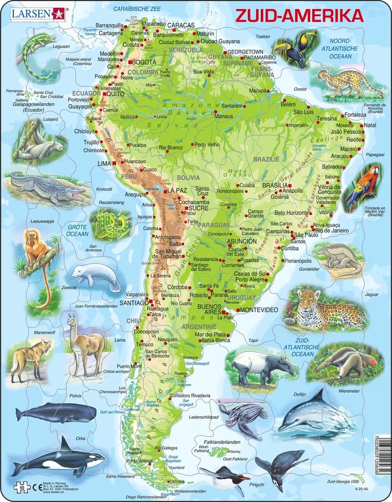 Zuid-Amerika geografisch met dieren – Puzzel – Kaarten & Geografie – Zuid-Amerika – Educatieve legpuzzel voor kinderen – 65 stukjes – Gemaakt in Noorwegen – Extra dikke 2,5 mm stukjes – Tray met vaste rand van Larsen, editie 65 Stukjes – Zuid-Amerika met dieren – doos