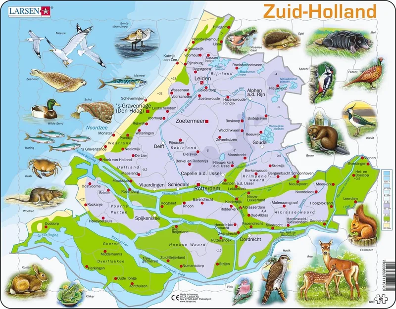 Zuid-Holland met dieren – Puzzel – Kaarten & Geografie – Nederland – Educatieve legpuzzel voor kinderen – 62 stukjes – Gemaakt in Noorwegen – Extra dikke 2,5 mm stukjes – Tray met vaste rand von Larsen, Ausgabe 62 Stukjes – Zuid-Holland met dieren – Schachtel