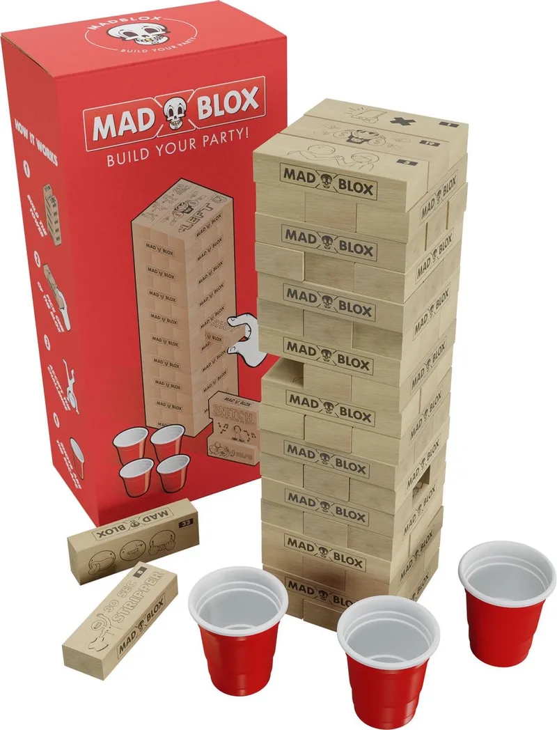 MadBlox - Drankspel – tipsy tower - 108 opdrachten - vallende toren - spelletjes voor volwassenen - truth or dare - drunken tower - 10 shot cups inbegrepen van Mad Party Games – doos