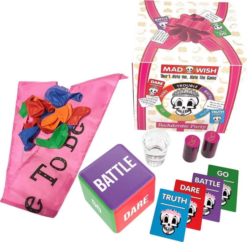 MadWish Hen Party - Truth or Dare - do or drink - drankspel - spelletjes voor volwassenen - shotglaasje en balonnen inbegrepen - bride to be van Mad Party Games – doos