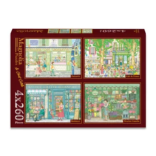 Puzzle 4 Puzzles - Le Chat Colette - Patisserie - Café de France - Bookstore - Fleuriste Camelia - 200 à 499 pièces från Magnolia – kartong 1 av 2