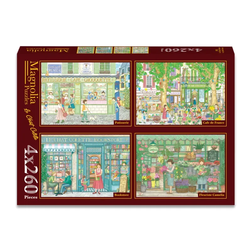 Puzzle 4 Puzzles - Le Chat Colette - Patisserie - Café de France - Bookstore - Fleuriste Camelia - 200 à 499 pièces från Magnolia – kartong 1 av 2