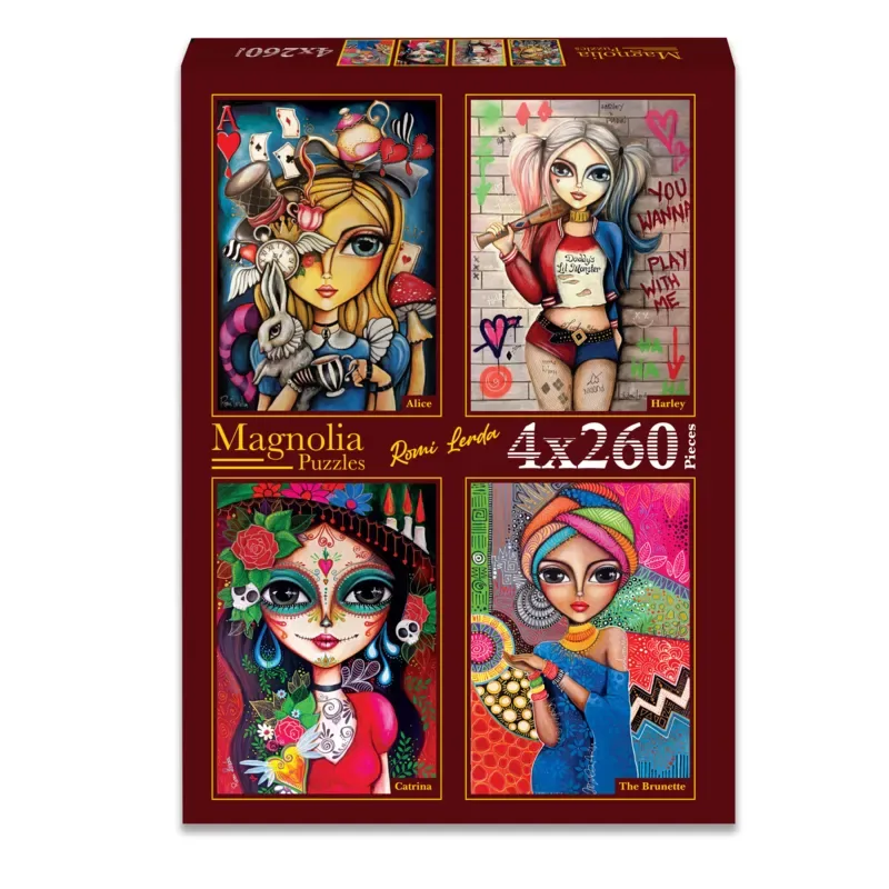 Puzzle 4 Puzzles - Romi Lerda - Alice - Harley - Catrina - The Brunette - 200 à 499 pièces fra Magnolia – æske 1 af 2