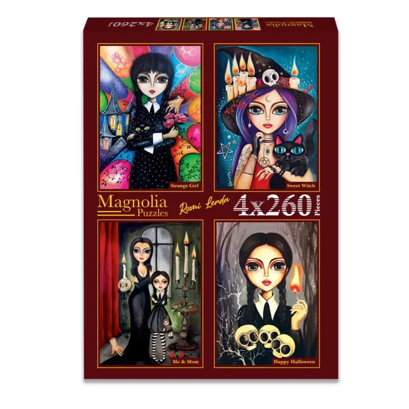 Puzzle 4 Puzzles - Romi Lerda - Strange Girl - Sweet Witch - Me & Mom - Happy Halloween - 200 à 499 pièces fra Magnolia – æske